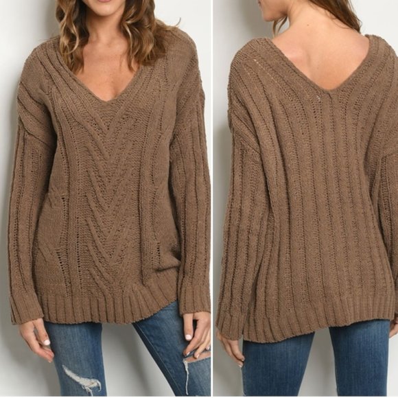Trend Setter Diva Boutique Sweaters - MOCHA KNIT V NECK SWEATER TUNIC TOP